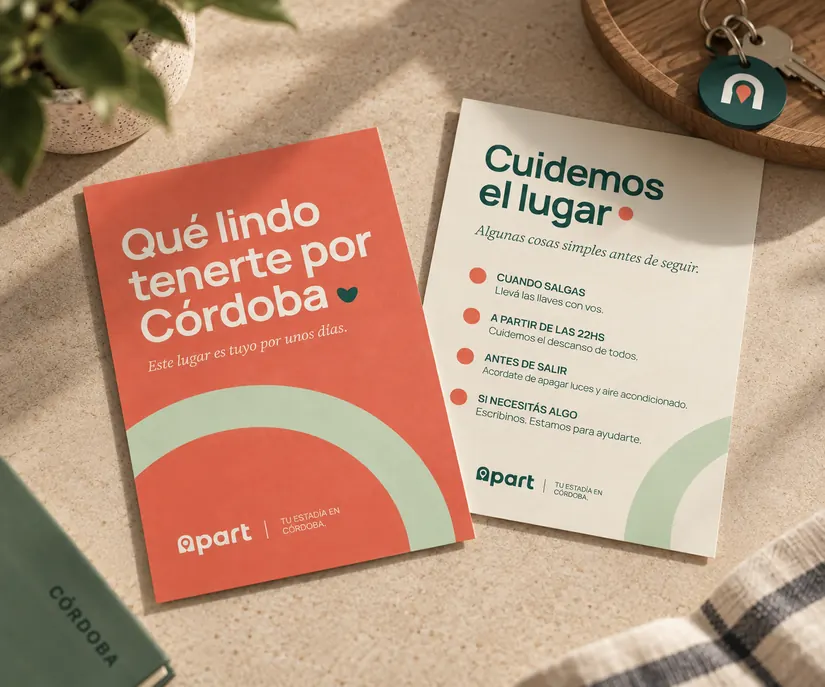 Tarjetas de bienvenida de apart: «Qué lindo tenerte por Córdoba» y «Cuidemos el lugar»