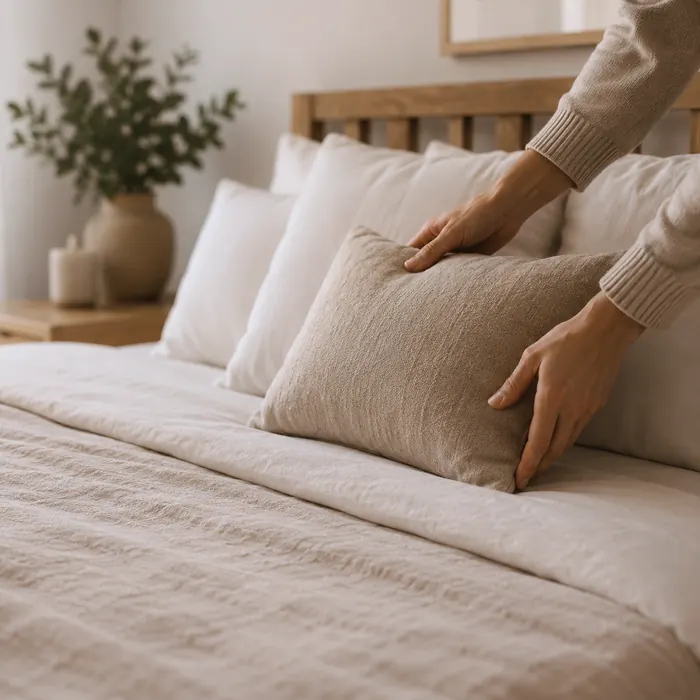 Manos acomodando un almohadón sobre una cama recién tendida